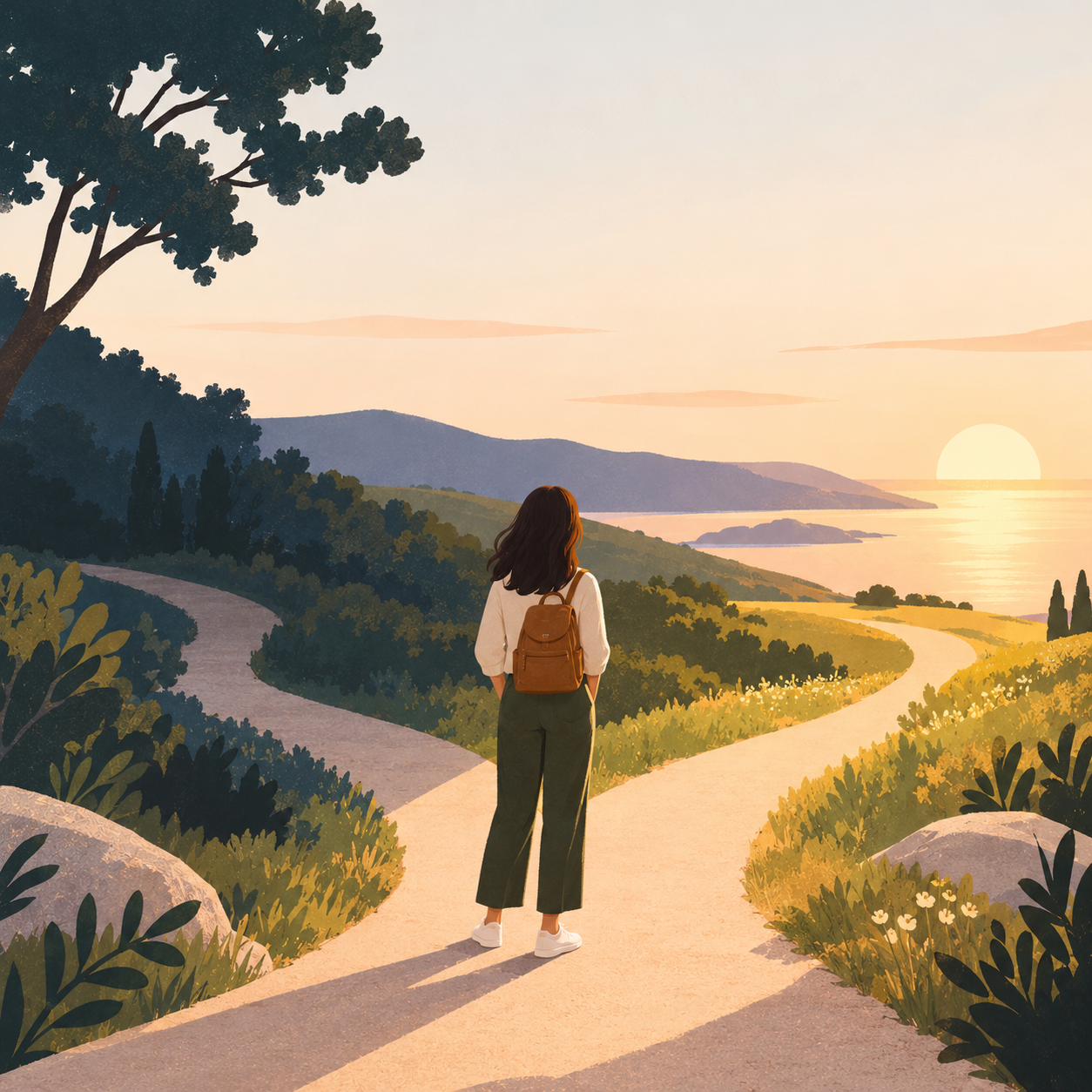 An illustrated woman pausing between coastal paths toward warm sunlight